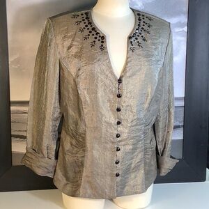 J R Nites By Carol Lin Silver Shimmer Beaded 3/4 Sleeve Dressy Blazer Jacket 16